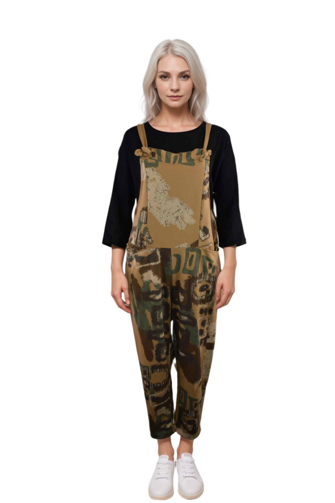 Ladies Italian Lagenlook Quirky Print Dungarees Casual Comfy All-in-One Jumpsuit