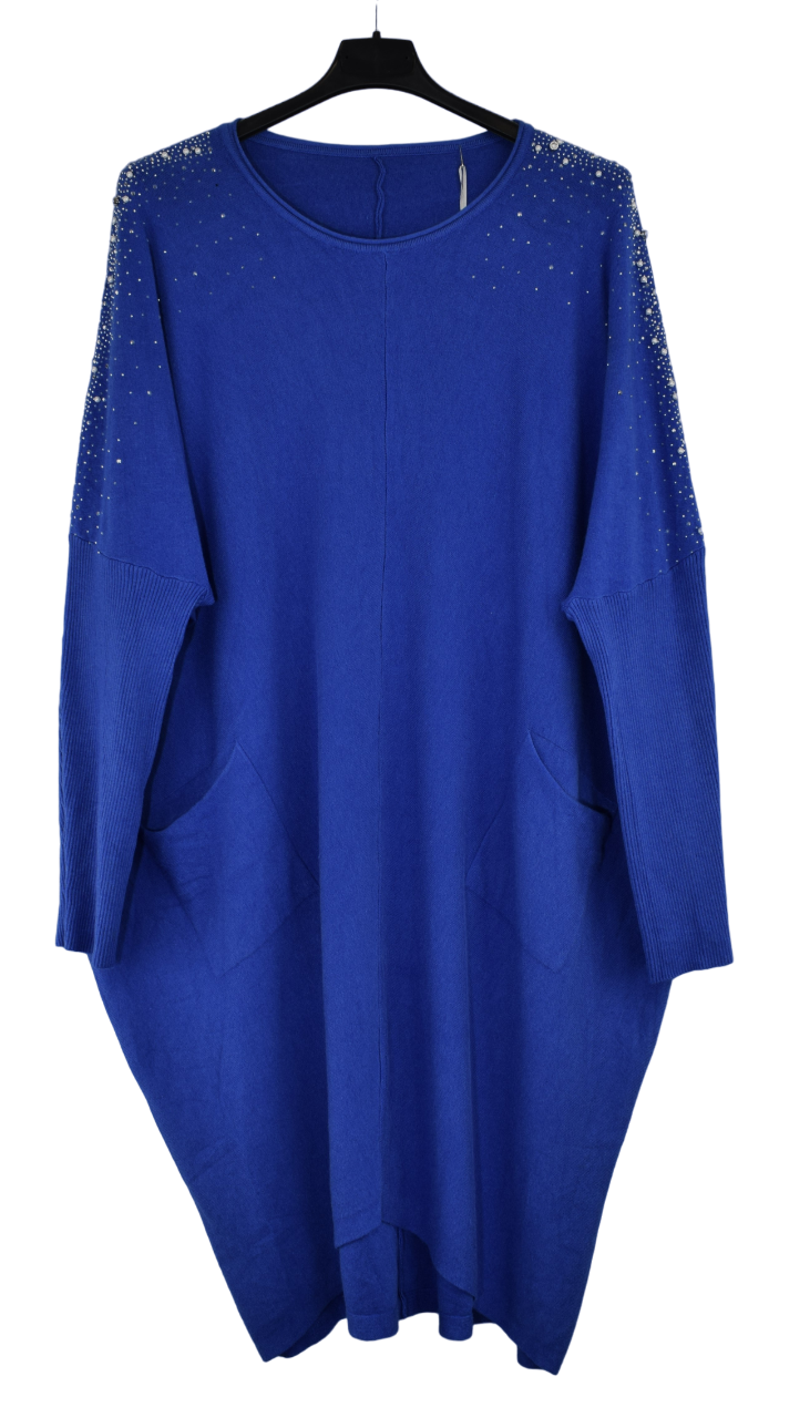 Ladies Italian Lagenlook Pearl, Diamante, Stud Embellished Sleeve Jumper Dress