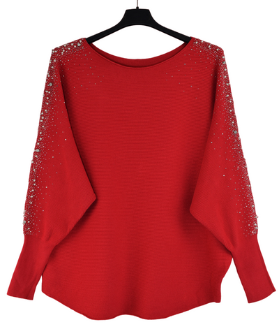 Ladies Italian Lagenlook Pearl, Diamante and Stud Embellished Sleeve Jumper