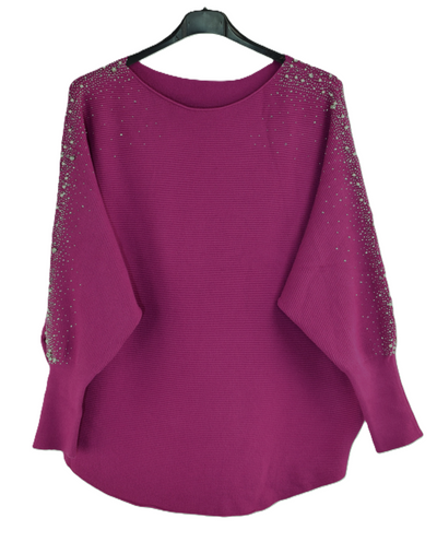 Ladies Italian Lagenlook Pearl, Diamante and Stud Embellished Sleeve Jumper