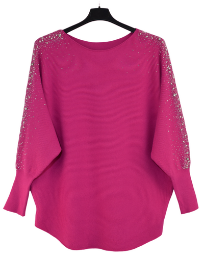 Ladies Italian Lagenlook Pearl, Diamante and Stud Embellished Sleeve Jumper