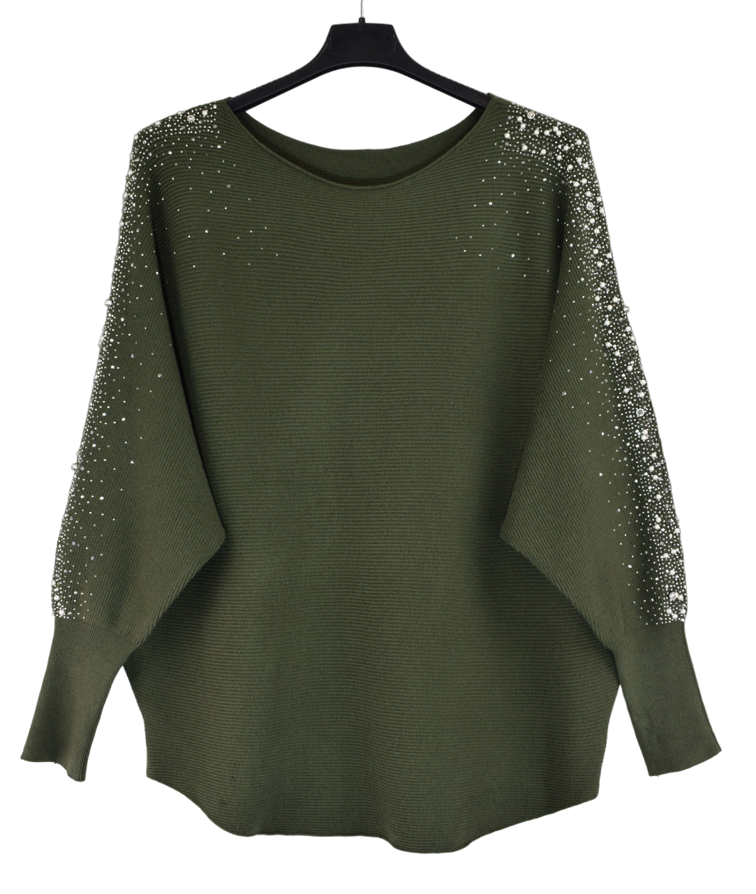 Ladies Italian Lagenlook Pearl, Diamante and Stud Embellished Sleeve Jumper