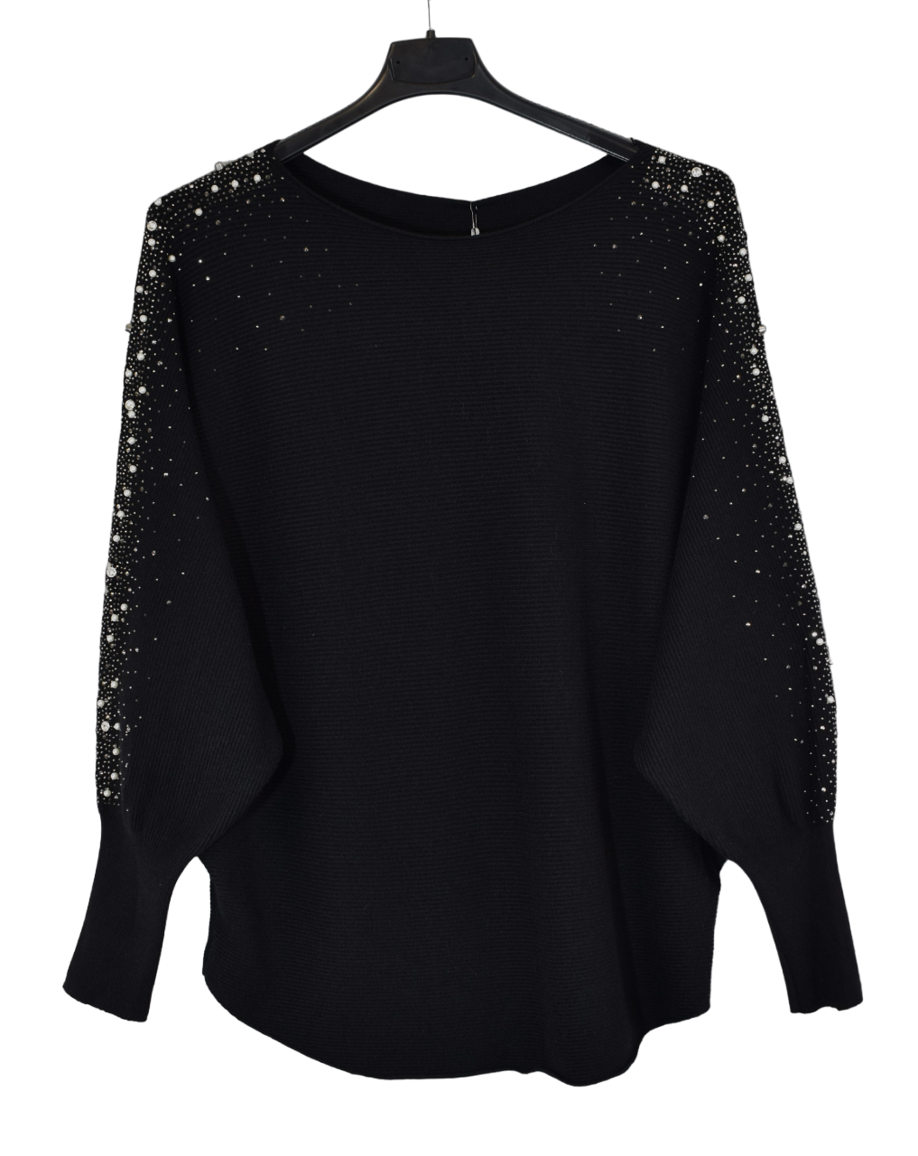 Ladies Italian Lagenlook Pearl, Diamante and Stud Embellished Sleeve Jumper