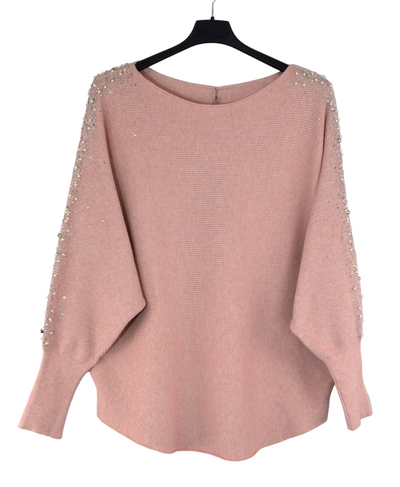 Ladies Italian Lagenlook Pearl, Diamante and Stud Embellished Sleeve Jumper