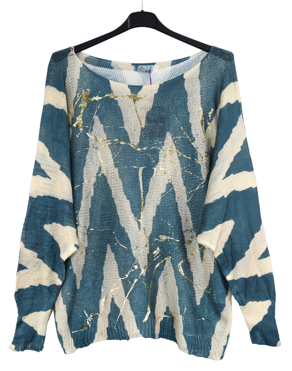 Ladies Italian Lagenlook Zig Zag Gold Foil Print Fine Knit Jumper