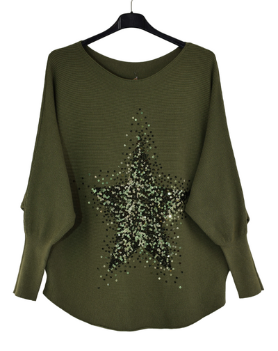 Ladies Italian Lagenlook Stylish Sequin Star Jumper with Batwing Sleeves