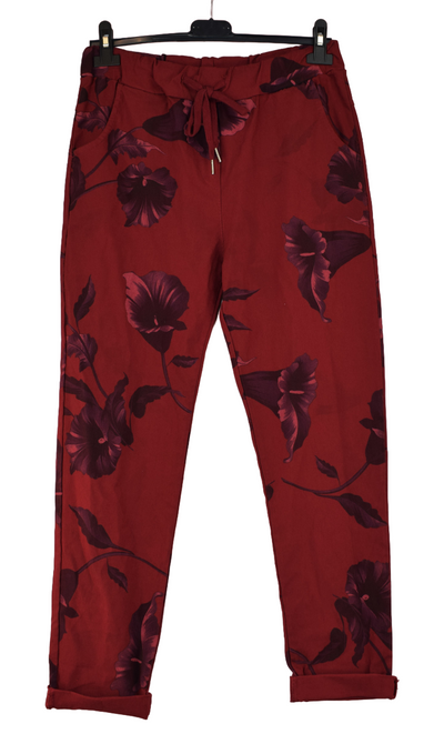 Ladies Italian Stretch Lily Print Floral Magic Trousers Pants