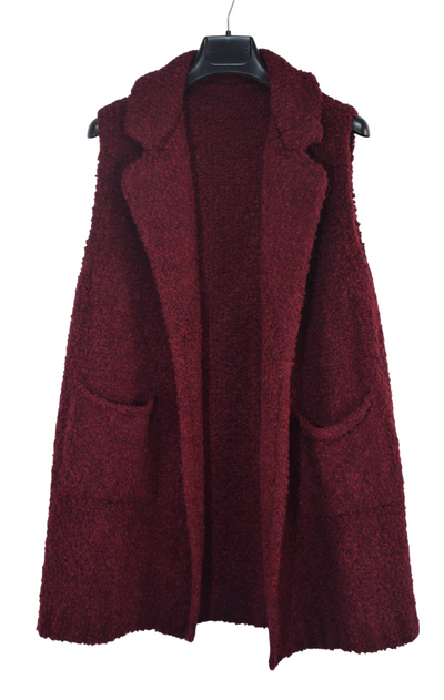 Ladies Italian Soft Warm Wool Blend Open Front Boucle Gilet Collared Sleeveless Knit