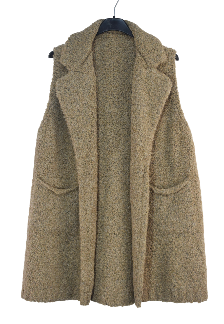 Ladies Italian Soft Warm Wool Blend Open Front Boucle Gilet Collared Sleeveless Knit