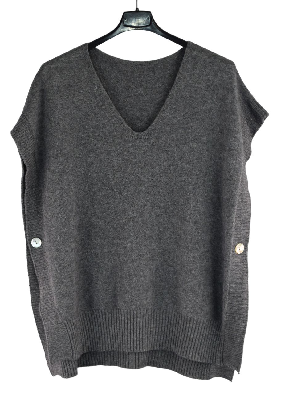 Italian Lagenlook V-Neck Sleeveless Poncho Sweater with Side Button Closure