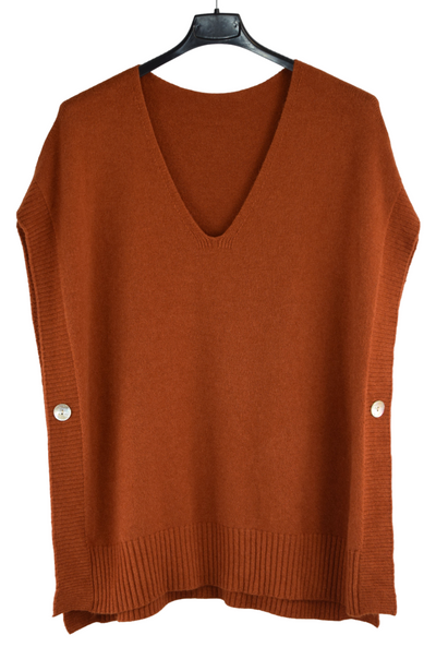 Italian Lagenlook V-Neck Sleeveless Poncho Sweater with Side Button Closure