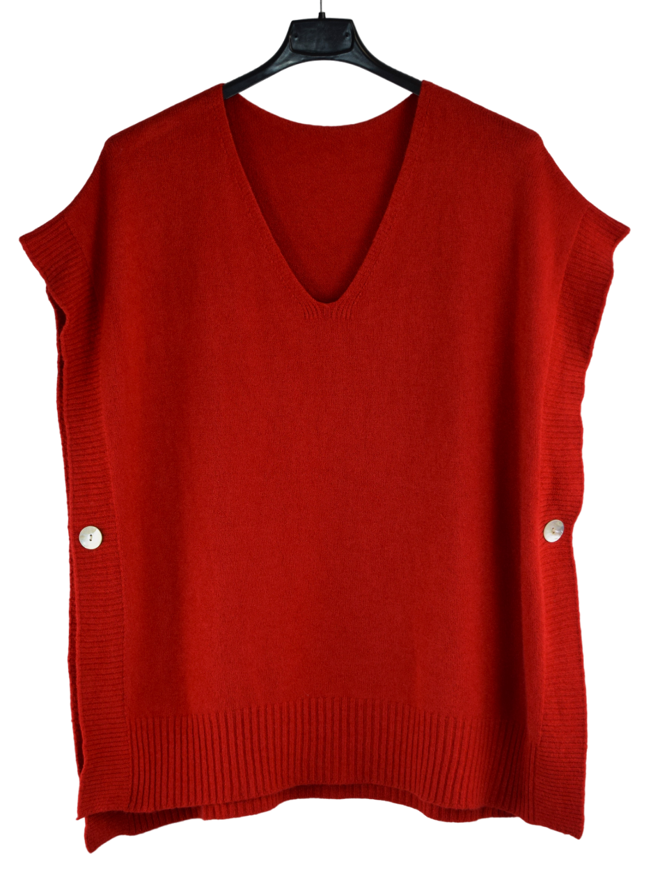 Italian Lagenlook V-Neck Sleeveless Poncho Sweater with Side Button Closure