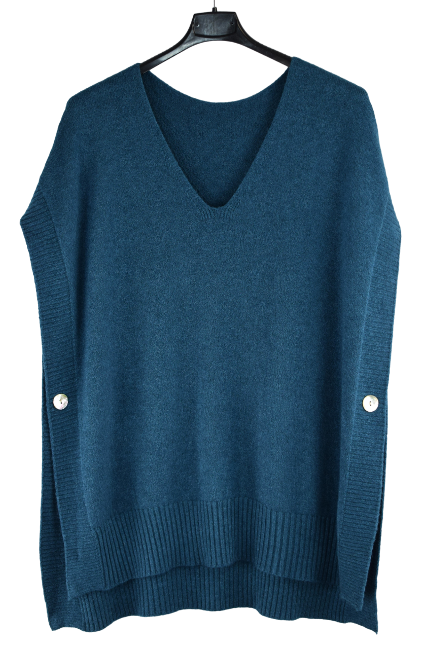 Italian Lagenlook V-Neck Sleeveless Poncho Sweater with Side Button Closure