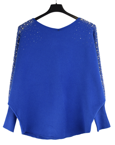 Ladies Italian Lagenlook Pearl, Diamante and Stud Embellished Sleeve Jumper