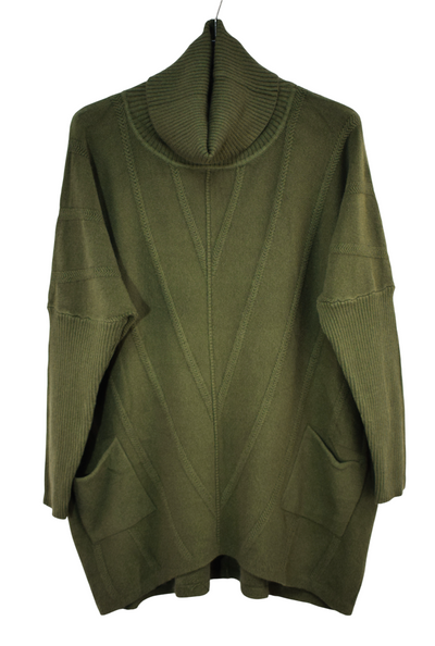 Ladies Italian Lagenlook Roll Neck Diagonal V stripe Jumper with Pockets