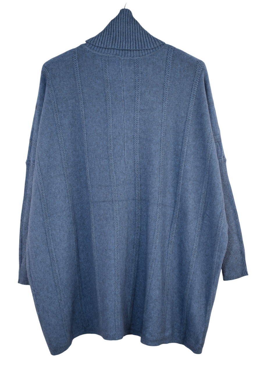 Ladies Italian Lagenlook Roll Neck Diagonal V stripe Jumper with Pockets