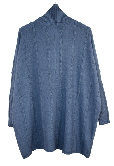 Ladies Italian Lagenlook Roll Neck Diagonal V stripe Jumper with Pockets