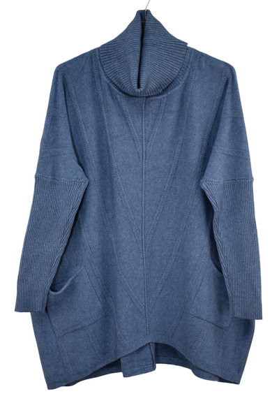 Ladies Italian Lagenlook Roll Neck Diagonal V stripe Jumper with Pockets