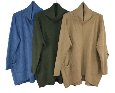 Ladies Italian Lagenlook Roll Neck Diagonal V stripe Jumper with Pockets