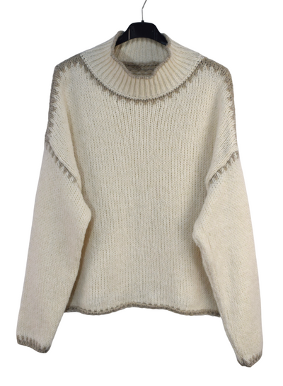 Ladies Italian Lagenlook Soft Cosy Wool Blend High Neck Blanket Stitch Jumper