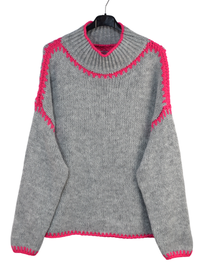 Ladies Italian Lagenlook Soft Cosy Wool Blend High Neck Blanket Stitch Jumper