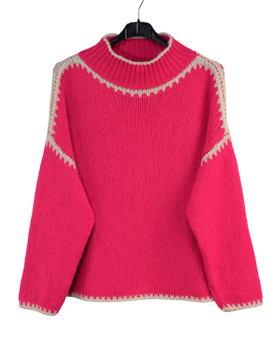 Ladies Italian Lagenlook Soft Cosy Wool Blend High Neck Blanket Stitch Jumper