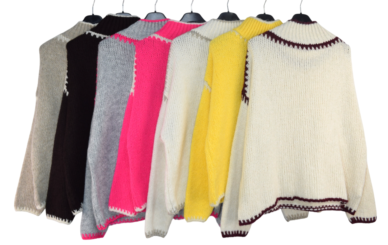 Ladies Italian Lagenlook Soft Cosy Wool Blend High Neck Blanket Stitch Jumper