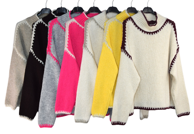 Ladies Italian Lagenlook Soft Cosy Wool Blend High Neck Blanket Stitch Jumper