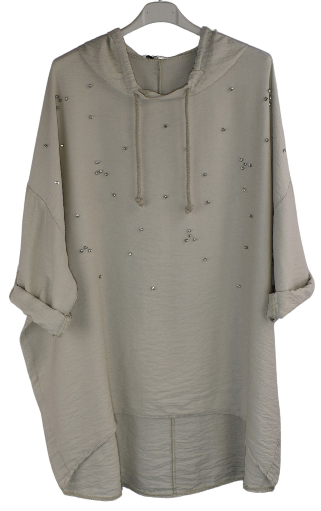 Linen Blend Diamante Hoodie Top with  Hi-Lo Hemline Lightweight Summer Hoodie Top For Women