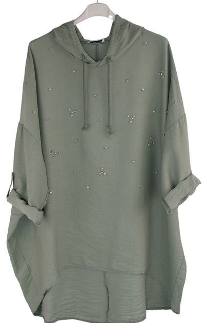 Linen Blend Diamante Hoodie Top with  Hi-Lo Hemline Lightweight Summer Hoodie Top For Women