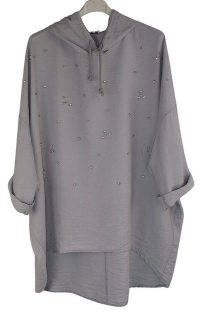 Linen Blend Diamante Hoodie Top with  Hi-Lo Hemline Lightweight Summer Hoodie Top For Women