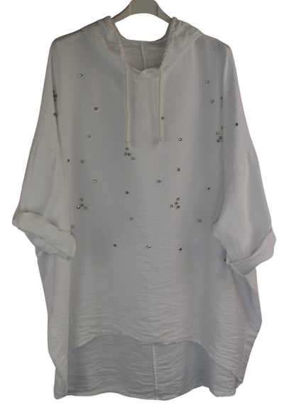 Linen Blend Diamante Hoodie Top with  Hi-Lo Hemline Lightweight Summer Hoodie Top For Women