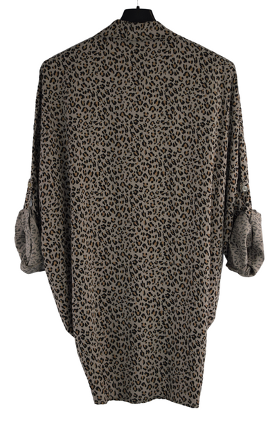 Italian Lagenlook Button Through Animal Print Tie Shirt Blouse Long Sleeve Autumn Top