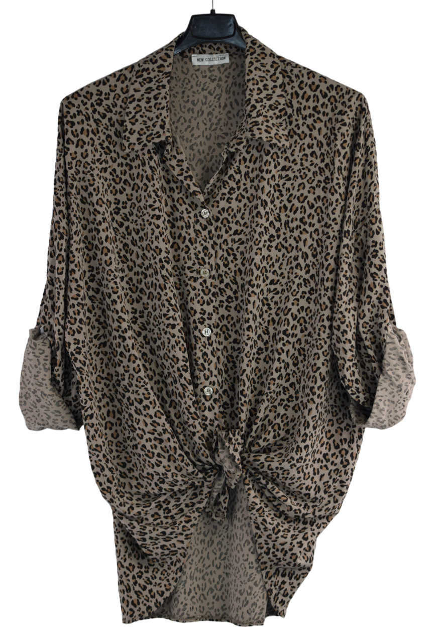 Italian Lagenlook Button Through Animal Print Tie Shirt Blouse Long Sleeve Autumn Top