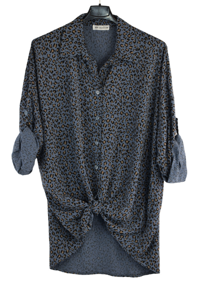 Italian Lagenlook Button Through Animal Print Tie Shirt Blouse Long Sleeve Autumn Top