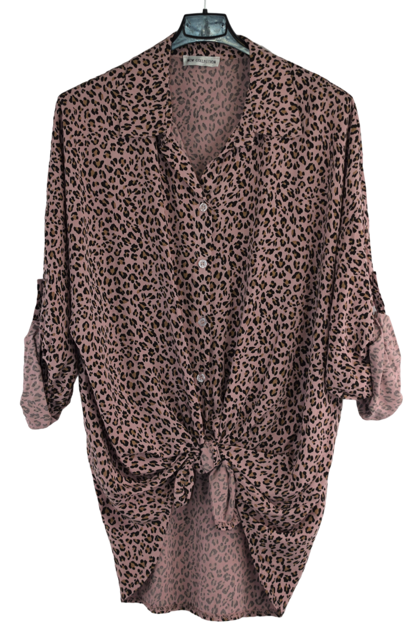 Italian Lagenlook Button Through Animal Print Tie Shirt Blouse Long Sleeve Autumn Top