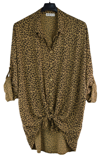 Italian Lagenlook Button Through Animal Print Tie Shirt Blouse Long Sleeve Autumn Top