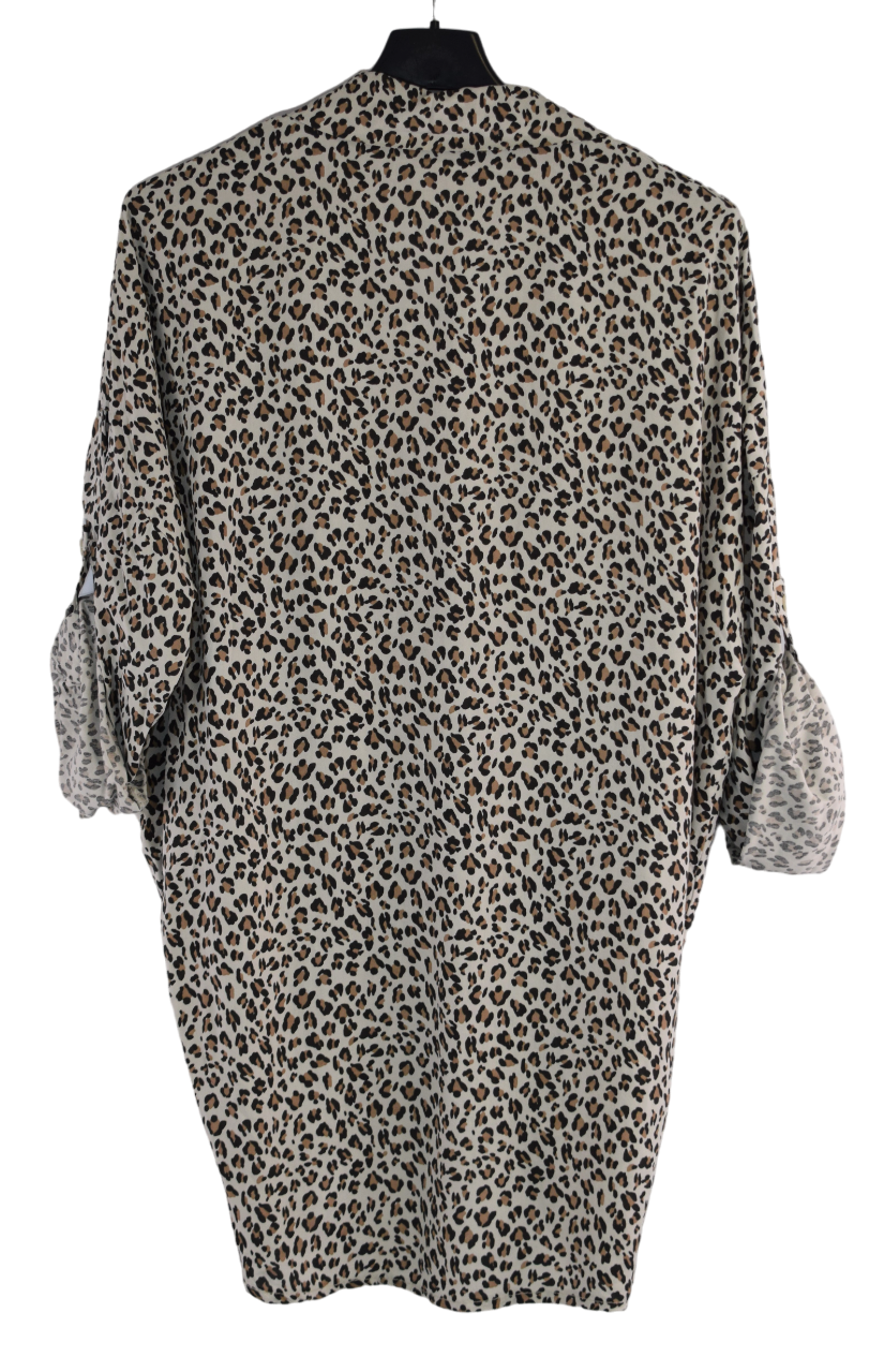 Italian Lagenlook Button Through Animal Print Tie Shirt Blouse Long Sleeve Autumn Top