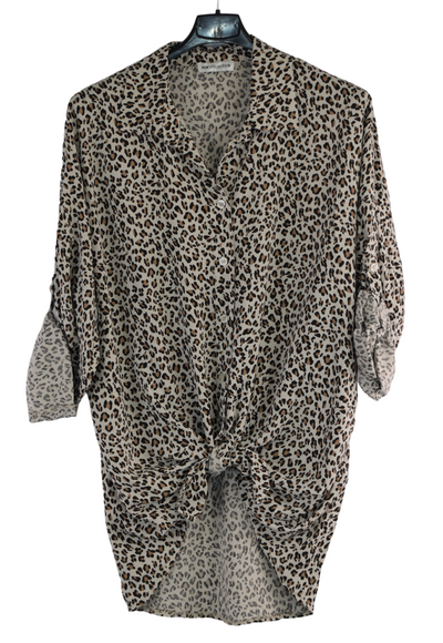 Italian Lagenlook Button Through Animal Print Tie Shirt Blouse Long Sleeve Autumn Top