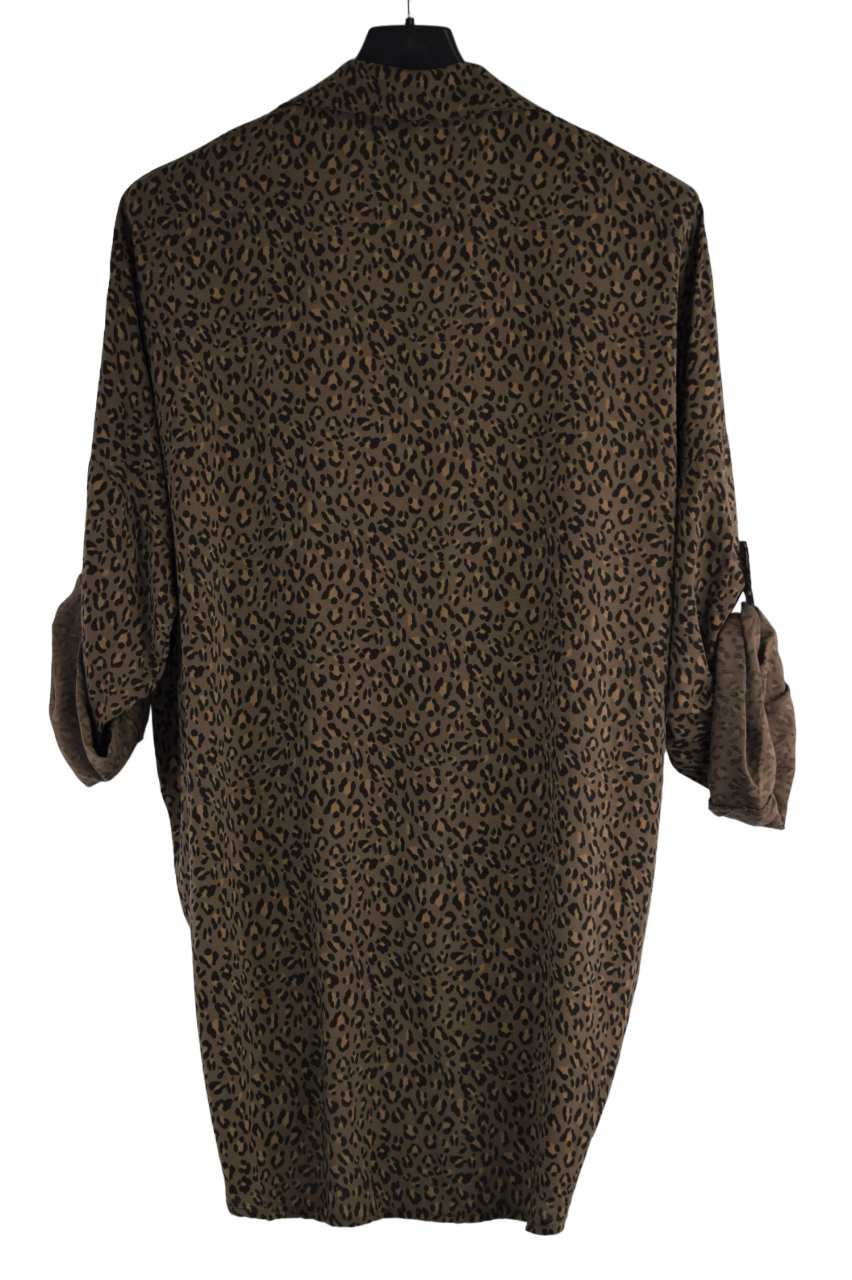 Italian Lagenlook Button Through Animal Print Tie Shirt Blouse Long Sleeve Autumn Top