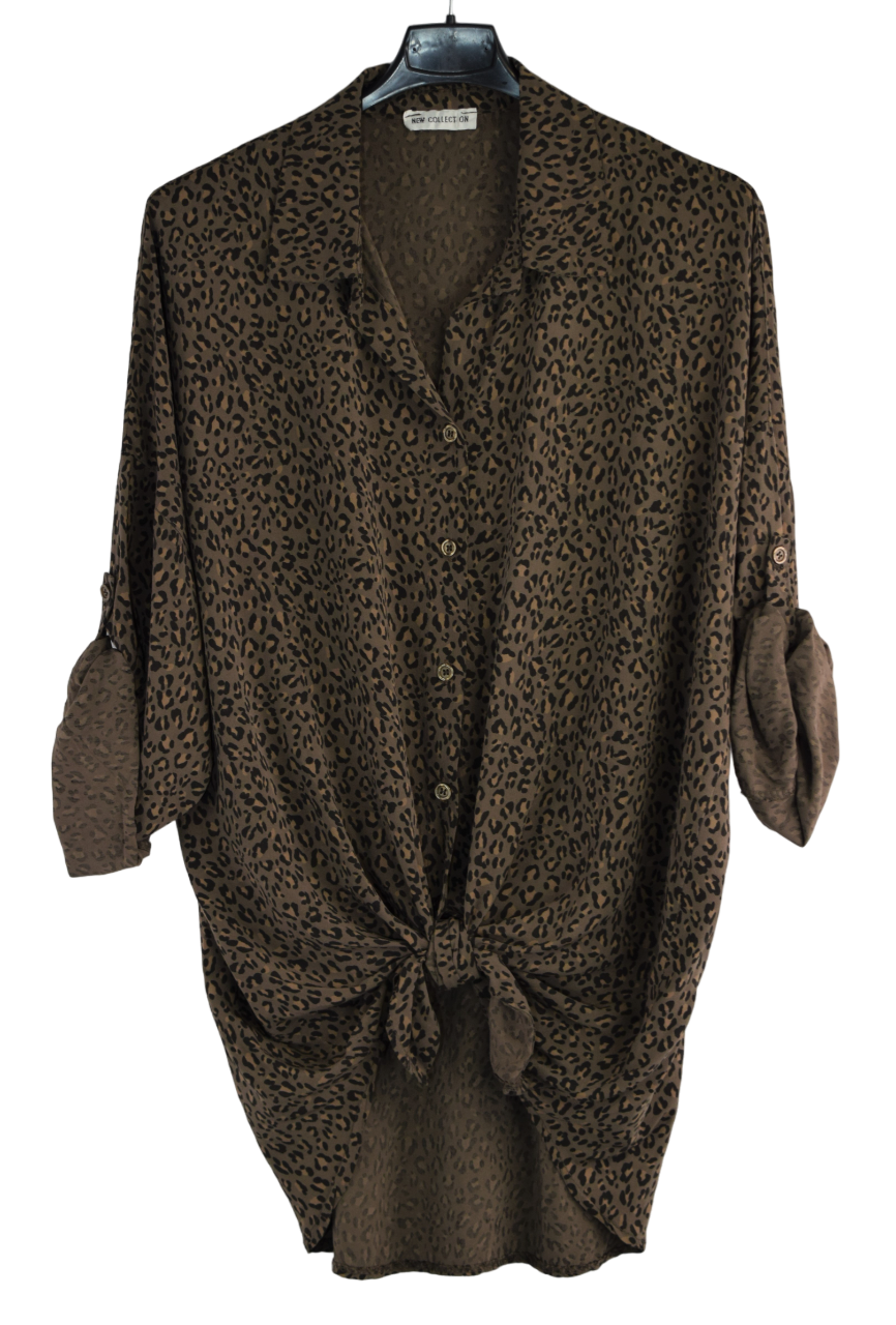 Italian Lagenlook Button Through Animal Print Tie Shirt Blouse Long Sleeve Autumn Top