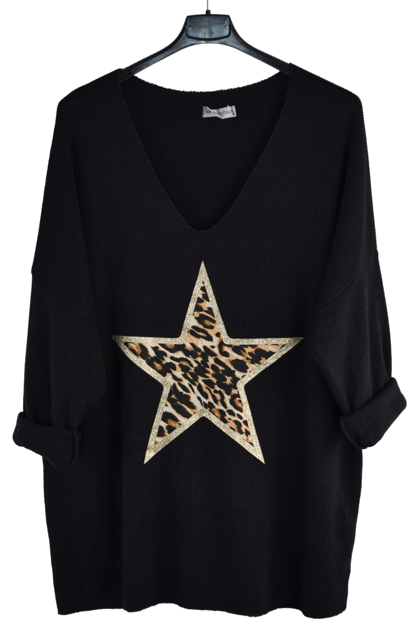 Italian Lagenlook Animal Print Star Wool Blend Top Autumn / Winter Collection