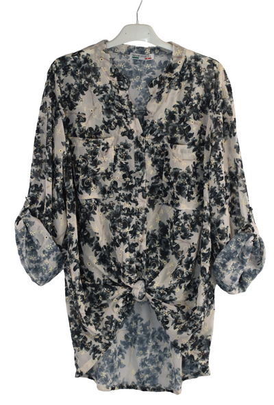 Italian Lagenlook Floral Blouse Knot Front Button Through Shirt Long Sleeve Summer Top