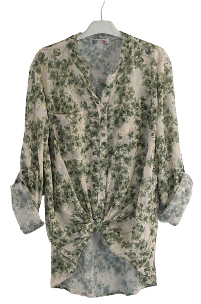 Italian Lagenlook Floral Blouse Knot Front Button Through Shirt Long Sleeve Summer Top