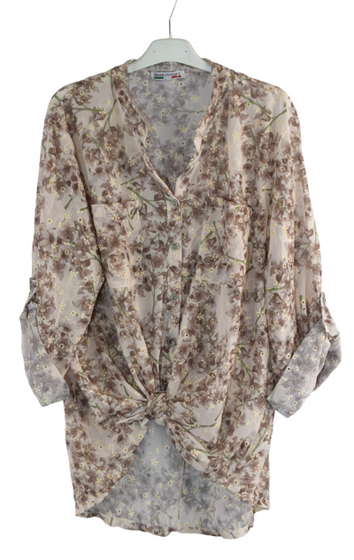 Italian Lagenlook Floral Blouse Knot Front Button Through Shirt Long Sleeve Summer Top