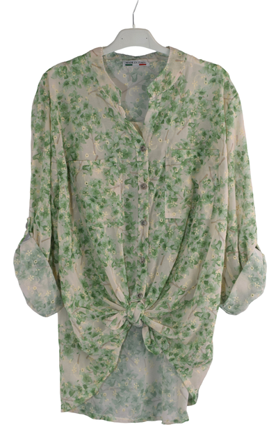 Italian Lagenlook Floral Blouse Knot Front Button Through Shirt Long Sleeve Summer Top