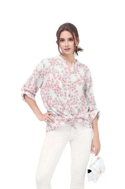 Italian Lagenlook Floral Blouse Knot Front Button Through Shirt Long Sleeve Summer Top