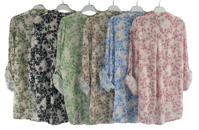 Italian Lagenlook Floral Blouse Knot Front Button Through Shirt Long Sleeve Summer Top