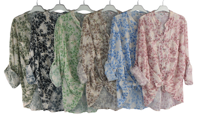 Italian Lagenlook Floral Blouse Knot Front Button Through Shirt Long Sleeve Summer Top
