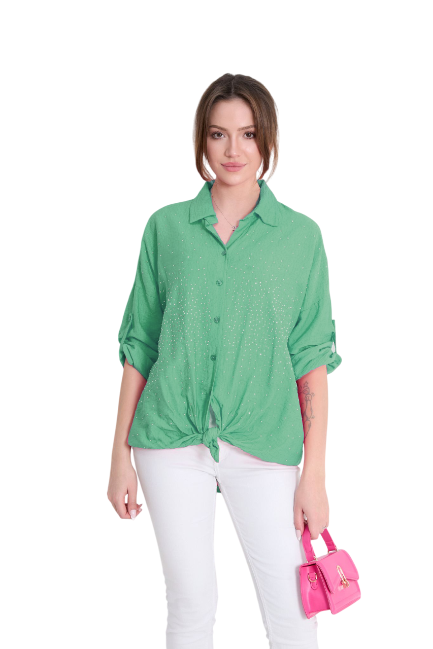 Italian Lagenlook Button Through Tie Front Stud Embellished Collared Shirt Blouse
